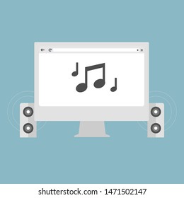 Computer with music icon on blue background cartoon vector illustration