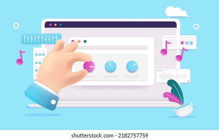 Computer music - Laptop screen with digital software for making music and audio. Cartoon style vector illustration