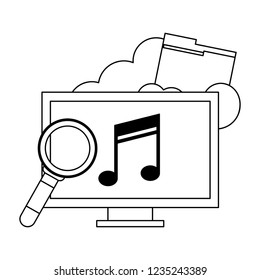 Computer with music on cloud computing black and white