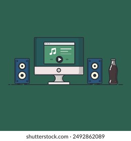 computer with music player and speakers. Vector illustration in flat style. 