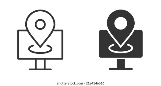 Computer navigation icon in flat style. Monitor pin gps vector illustration on white isolated background. City area location business concept.