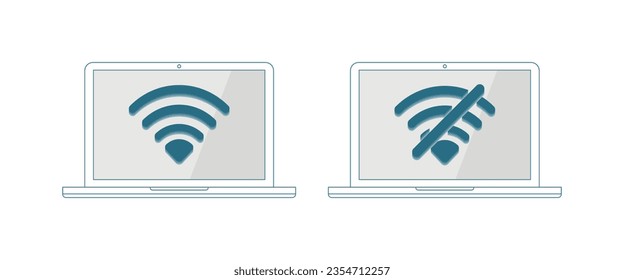 Computer and netbook pc flat design with wi-fi and without wi-fi symbol vector illustration. Concept of good and bad wireless wi-fi signal isolated blue background. Vector.