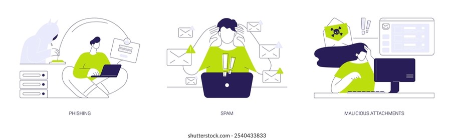 Computer network attack abstract concept vector illustration set. IT specialist detect phishing problem, person getting many spam emails, malicious attachment in mail, cyber attack abstract metaphor.