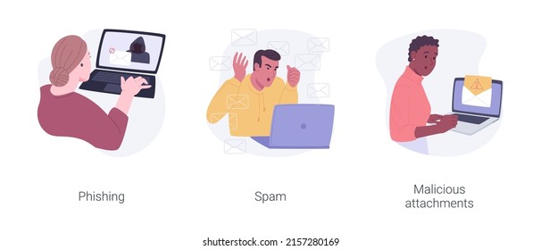 Computer Network Attack Isolated Cartoon Vector Illustrations Set. IT Specialist Detect Phishing Problem, Person Getting Many Spam Emails, Malicious Attachment In Mail, Cyber Attack Vector Cartoon.