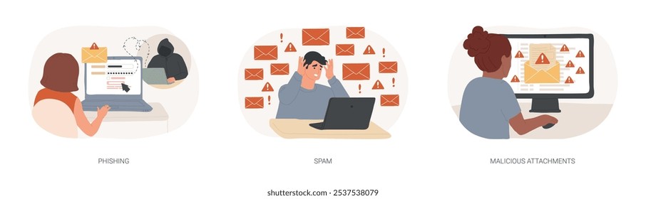 Computer network attack isolated cartoon vector illustrations set. IT specialist detect phishing problem, person getting many spam emails, malicious attachment in mail, cyber attack vector cartoon.