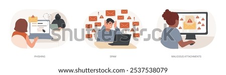 Computer network attack isolated cartoon vector illustrations set. IT specialist detect phishing problem, person getting many spam emails, malicious attachment in mail, cyber attack vector cartoon.