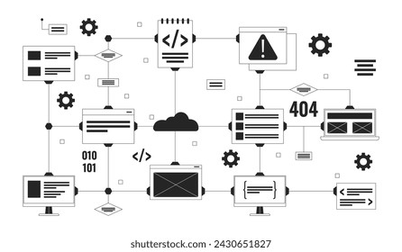 Computer network black and white 2D illustration concept. Devices connection technology. Digital data system outline items isolated on white. Software development metaphor monochrome vector art