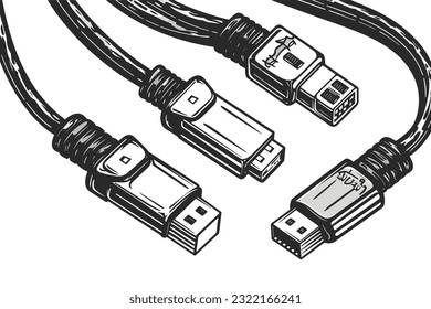 Computer network cable, usb flash drive, electric plug and cable, displayPort cables vector art illustration isolated on white background.