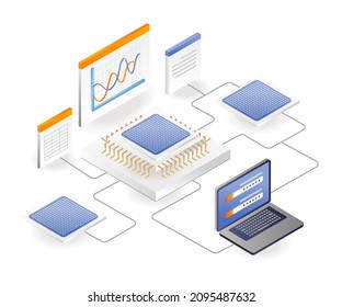 Computer network chip data analysis in isometric illustration