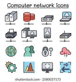 Computer Network and Cloud computing icon set in color line style