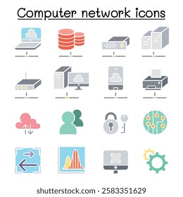 Computer Network and Cloud computing icon set  in flat color style