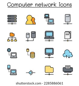 Computer network color line icon set