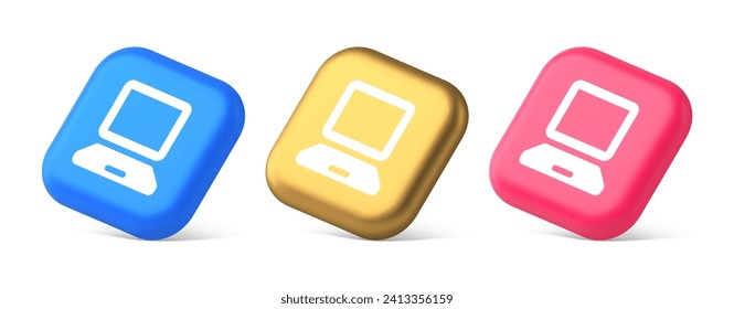 Computer network connection button digital information browsing 3d realistic blue gold and pink icons. Desktop electronic technology web internet searching application