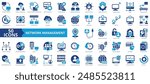 Computer network icon collection set. Containing management, configuration, monitoring system, trouble shooting, performance, security, digital infrastructure icon. Simple flat vector.