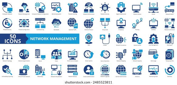 Computer network icon collection set. Containing management, configuration, monitoring system, trouble shooting, performance, security, digital infrastructure icon. Simple flat vector.