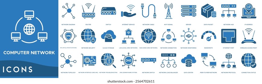 Computer network icon. Network Diagram, Router, Switch, Internet Service and Network Cable