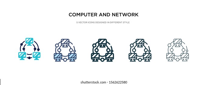 computer and network icon in different style vector illustration. two colored and black computer and network vector icons designed in filled, outline, line stroke style can be used for web, mobile,