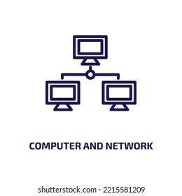 icono de equipo y red de la colección de educación. Equipo lineal delgado y red, Internet, icono de contorno de red aislado en fondo blanco. Equipo vector de línea y signo de red, símbolo para 