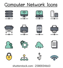 Computer network icon set in color line style
