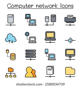 Computer network icon set in color line style