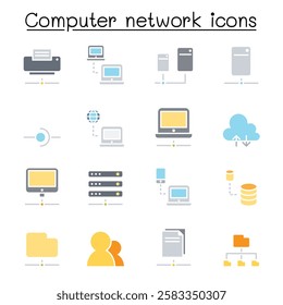 Computer network icon set in flat color style