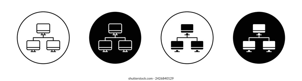 Computer Network Icon Set. Laptop LAN Sharing Vector Symbol in a Black Filled and Outlined Style. Wired Connectivity Hub Sign.