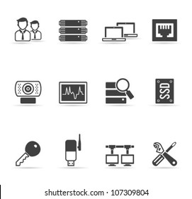 Computer network icon set  in single color. Transparent shadows placed on separated layer.