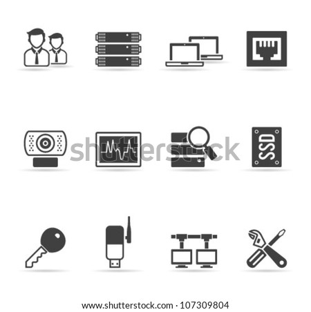 Computer network icon set  in single color. Transparent shadows placed on separated layer.