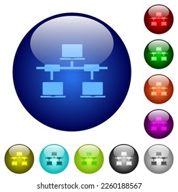 Computer network icons on round glass buttons in multiple colors. Arranged layer structure