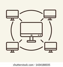 Computer network line icon. Interconnected monitors, circle, structure. Information technology concept. Vector illustration can be used for topics like local system, wireless connection, server