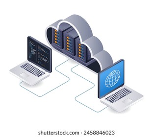 Analista de tecnología de servidor en la nube de programa de red de computadoras ilustración 3d isométrica plana