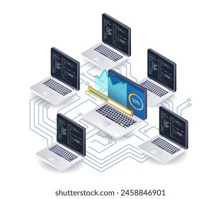 Computer network programmer technology analysis infographic 3d illustration flat isometric