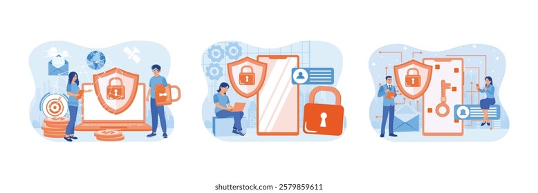 Computer network security. People use electronic devices to store data. Protecting the security of privacy data on the internet. Data protection concept. Set flat vector illustration.