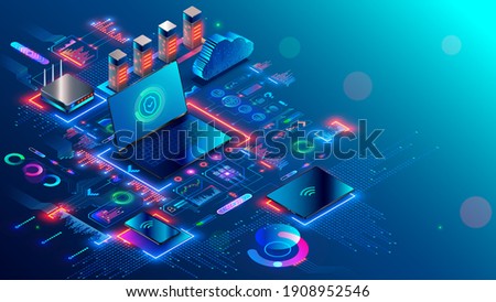 Computer network security technology. Local computer network structure communications with data center or online server via protected internet connection. Cybersecurity data concept. Home network.