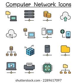 Computer Network and Server Hosting color line icon set