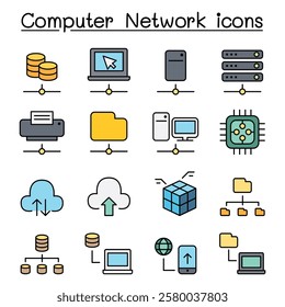 Computer Network and Server Hosting icon set in color line style