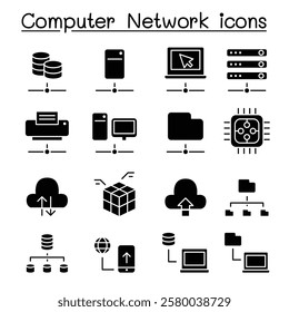 Computer Network and Server Hosting icon set in glyph style