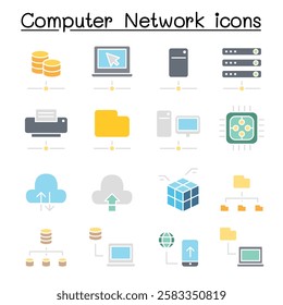 Computer Network and Server Hosting icon set  in flat color style