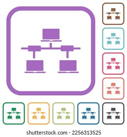 Computer network simple icons in color rounded square frames on white background