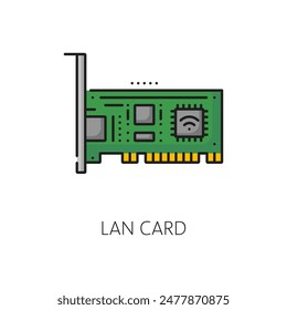 Computer network software, PCI LAN card color thin line icon. Web network data service, digital technology software or hardware maintenance outline vector symbol with PC Internet connection equipment