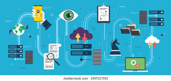 Computer network technology, cloud computing infrastructure and communication with the server database. Icon design in vector of laptop, files, eye, smartphone, magnifying glass in blue background.