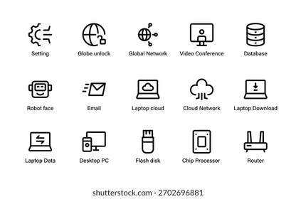 Iconos de Tecnología y redes informáticas. símbolos digitales premium centrados en redes, ciberseguridad, dispositivos, comunicaciones y sistemas de datos.