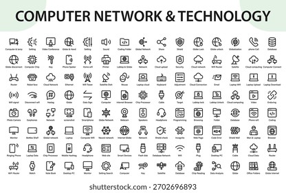 Iconos de Tecnología y redes informáticas. símbolos digitales premium centrados en redes, ciberseguridad, dispositivos, comunicaciones y sistemas de datos.