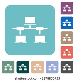 Computer network white flat icons on color rounded square backgrounds