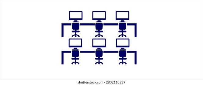 Computer network workstation layout icon. line vector, office computers, desktop monitors, workspace arrangement, connected terminals, information technology, network setup.