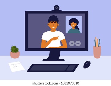 Computer networking in home office. Man and woman make online video call, talk by webcam. Remote team work, web conference. Hiring, job interview. E-learning, studying. Workplace vector illustration