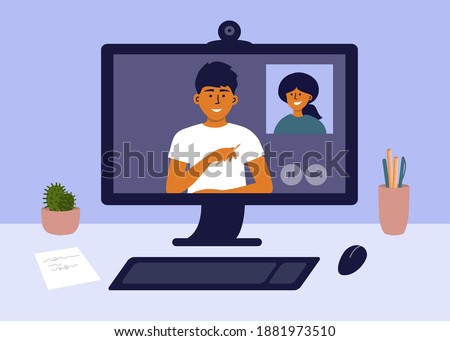 Computer networking in home office. Man and woman make online video call, talk by webcam. Remote team work, web conference. Hiring, job interview. E-learning, studying. Workplace vector illustration