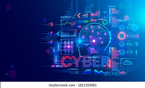 Computer neural network or AI on programming language python. Abstract interface elements of artificial intelligence. Deep machine learning. Big data processing technology. Conceptual illustration.