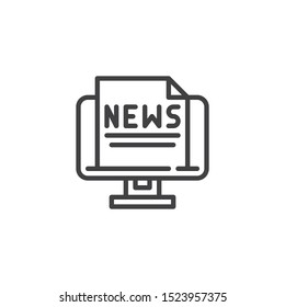 Computer news line icon. linear style sign for mobile concept and web design. Monitor with news document outline vector icon. Symbol, logo illustration. Vector graphics