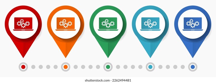 Computer, notebook concept vector icon set, flat design laptop pointers, infographic template